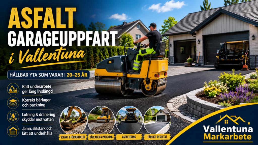 Asfalt garageuppfart Vallentuna med professionell asfaltering, korrekt underarbete, bärlager och dränering för en hållbar och slitstark uppfart.